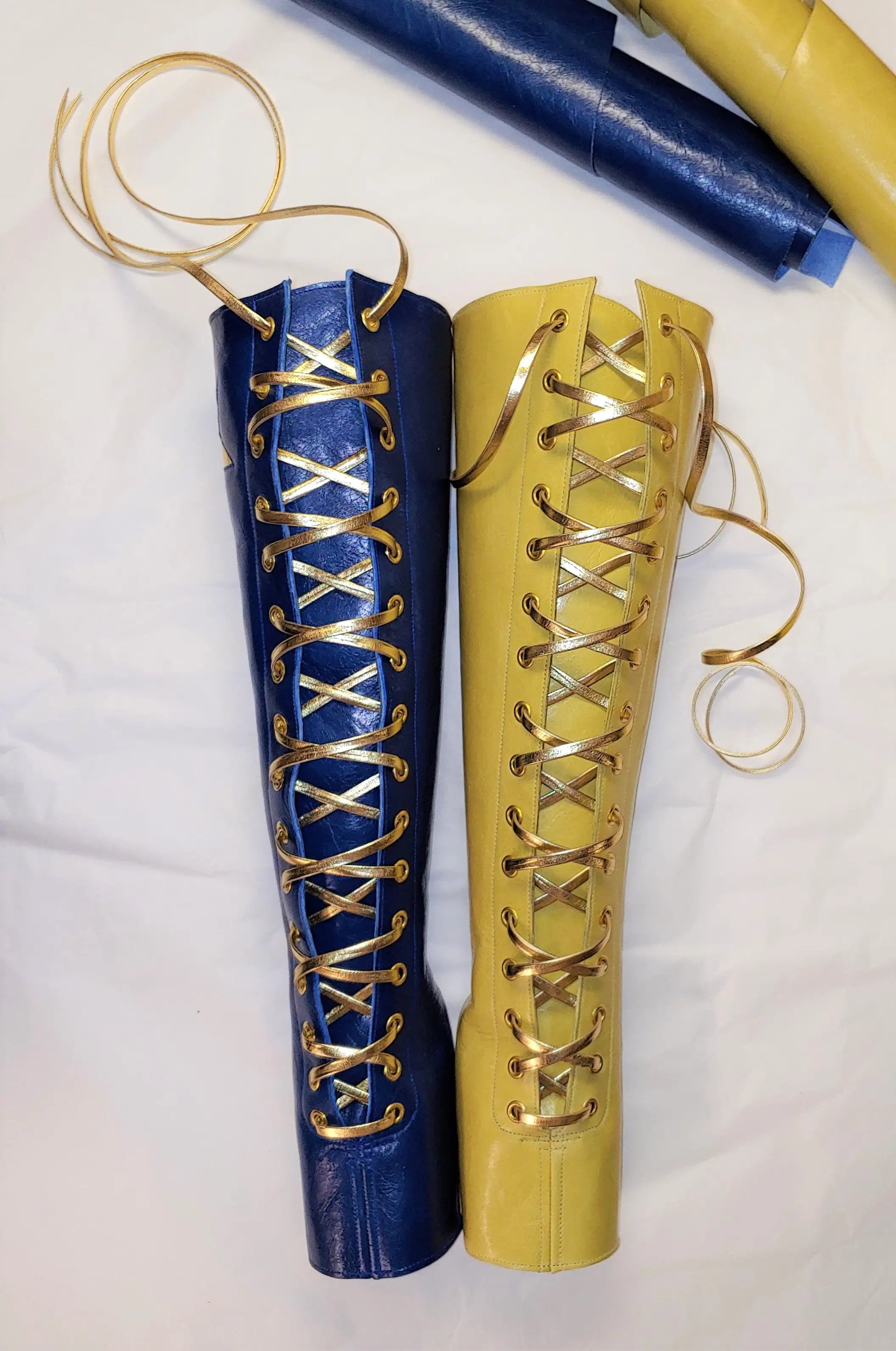 2 Tone Aerial boots w/ FRONT Lacing- Yellow/Blue + 3 Gold Stars + ZIPS