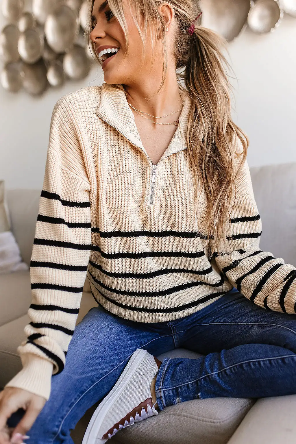 Ampersand Avenue - HalfZip Sweater Cream & Black Stripe