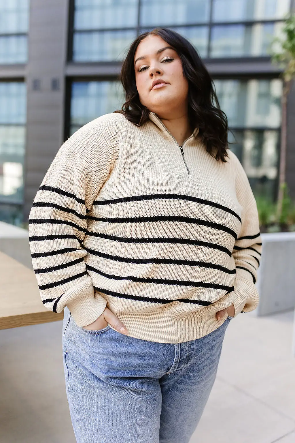 Ampersand Avenue - HalfZip Sweater Cream & Black Stripe