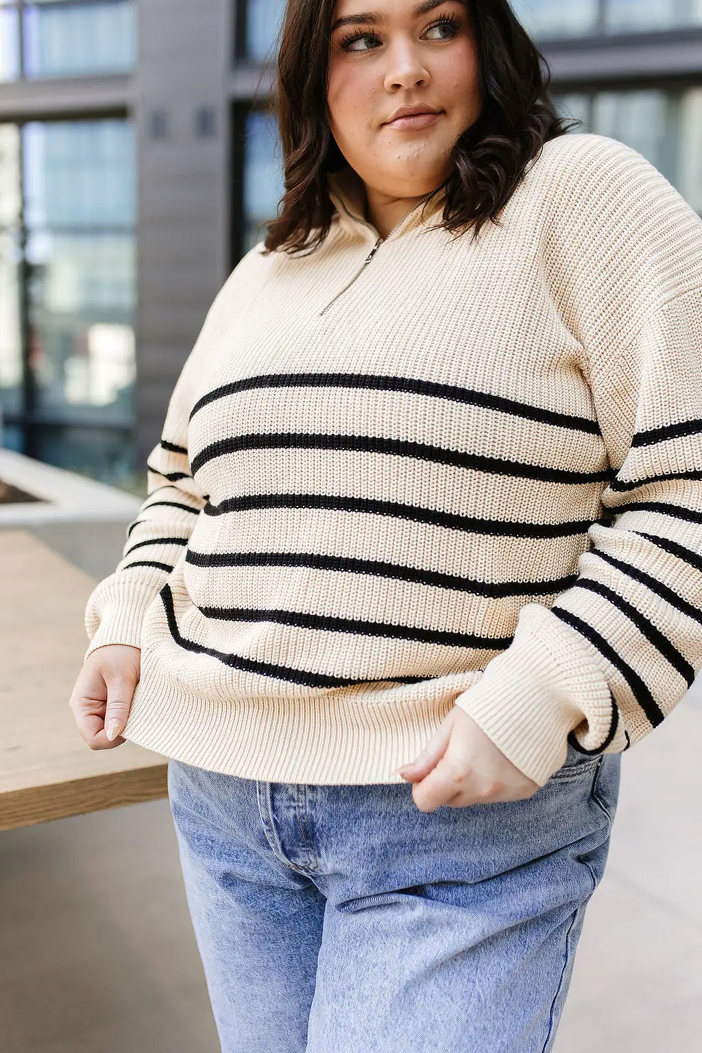 Ampersand Avenue - HalfZip Sweater Cream & Black Stripe