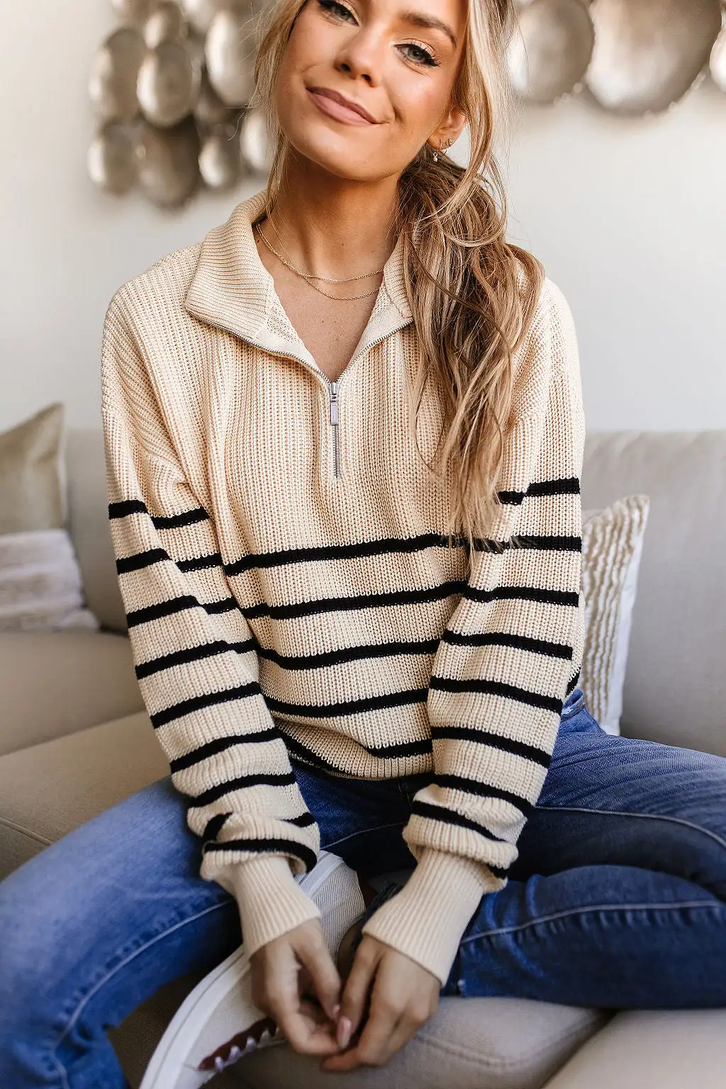 Ampersand Avenue - HalfZip Sweater Cream & Black Stripe