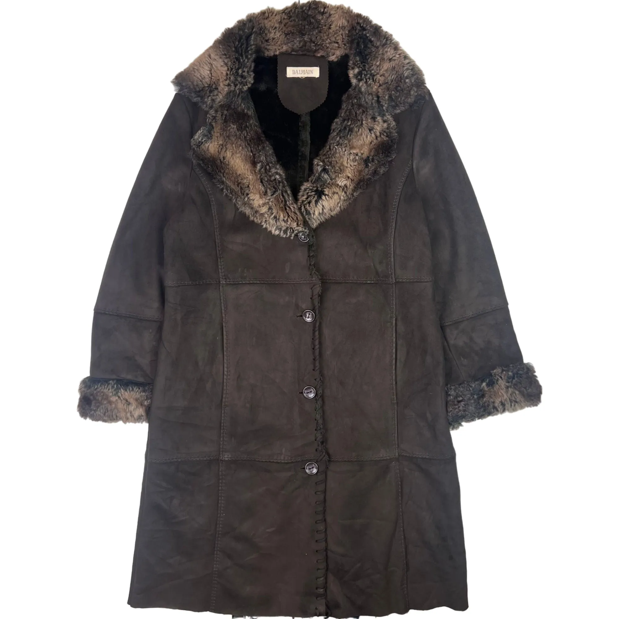 Balmain Faux Fur Long Coat Brown