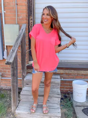 Basic V Neck Top - Neon Pink