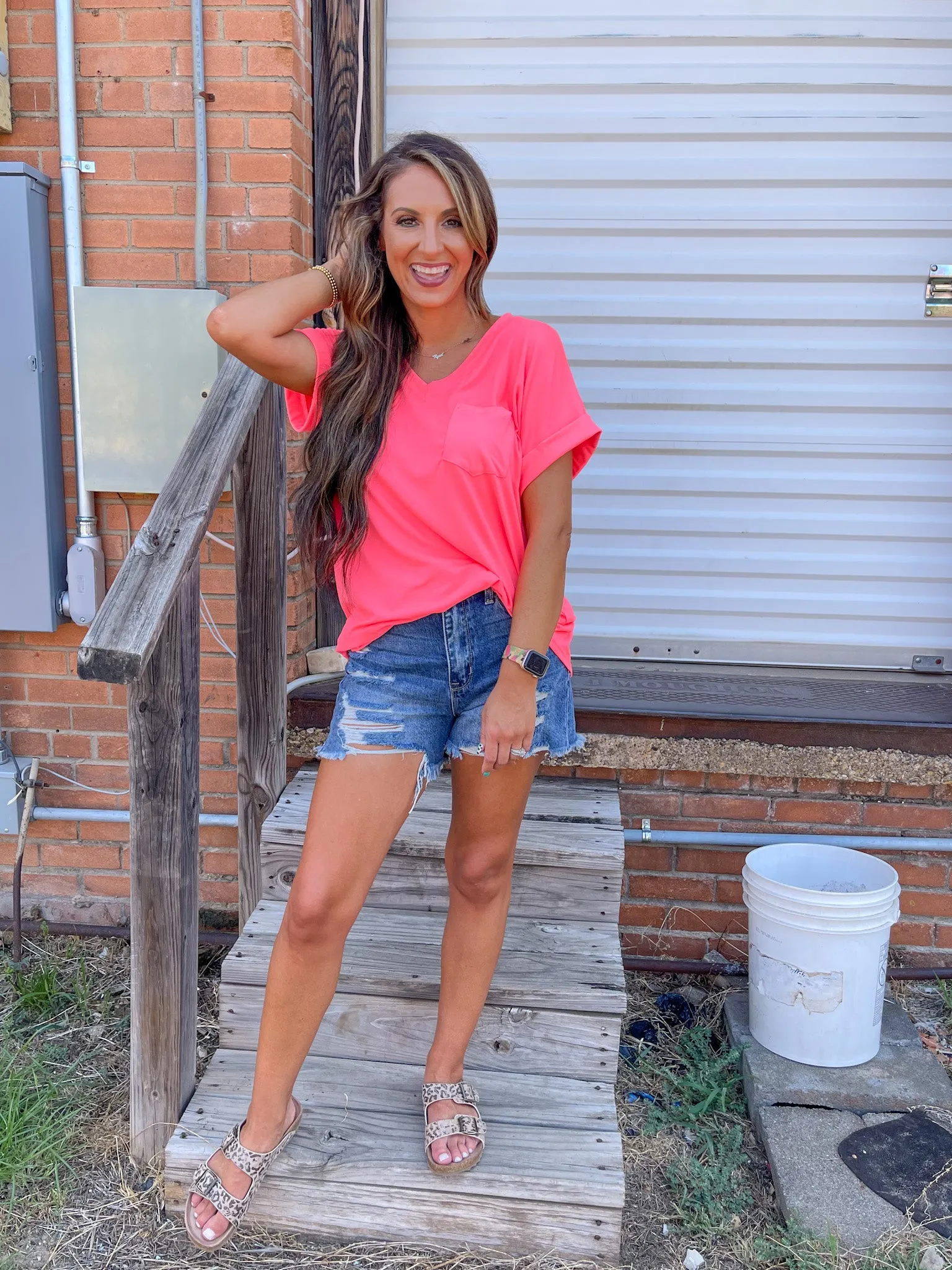 Basic V Neck Top - Neon Pink