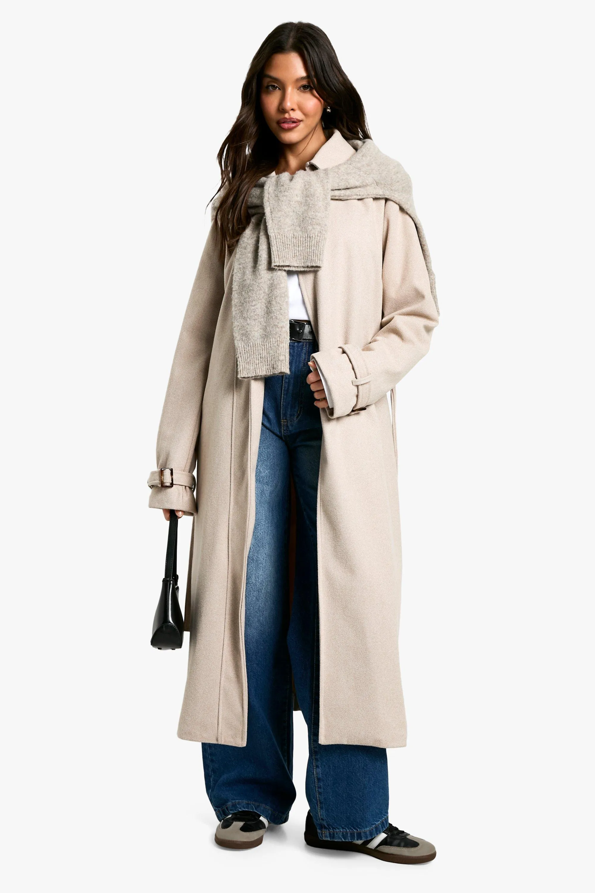 Belted Herringbone Wool Look Coat