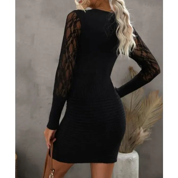 Black Lace Sleeve Sweater Dress