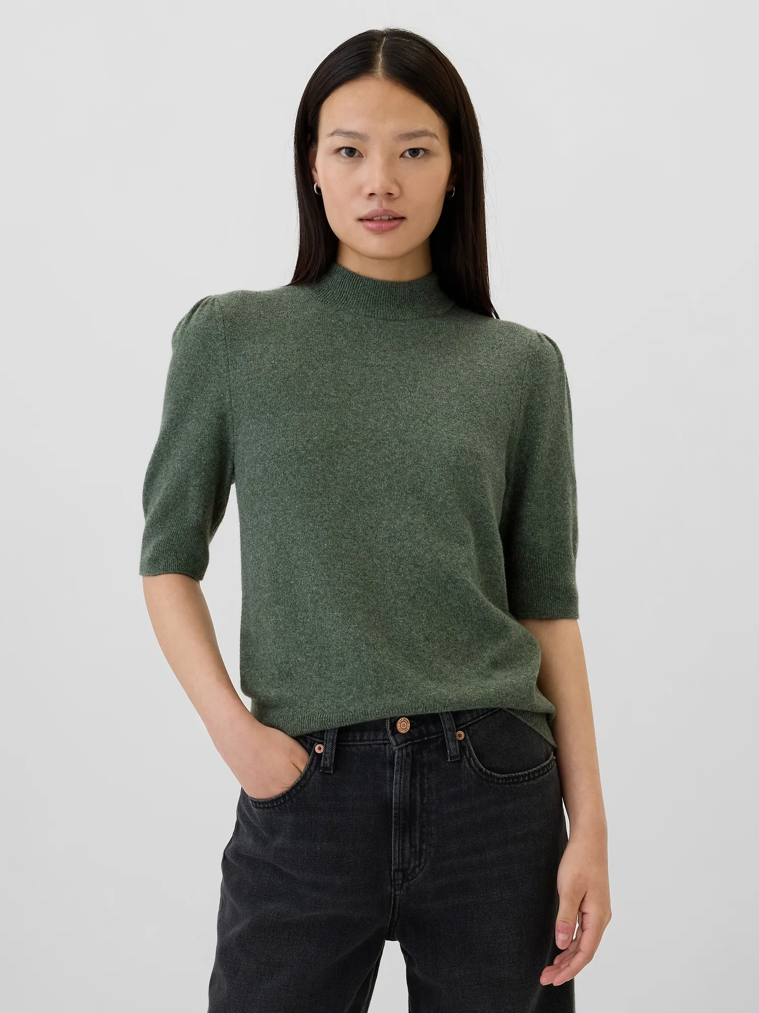 CashSoft Mockneck Puff Sleeve Sweater