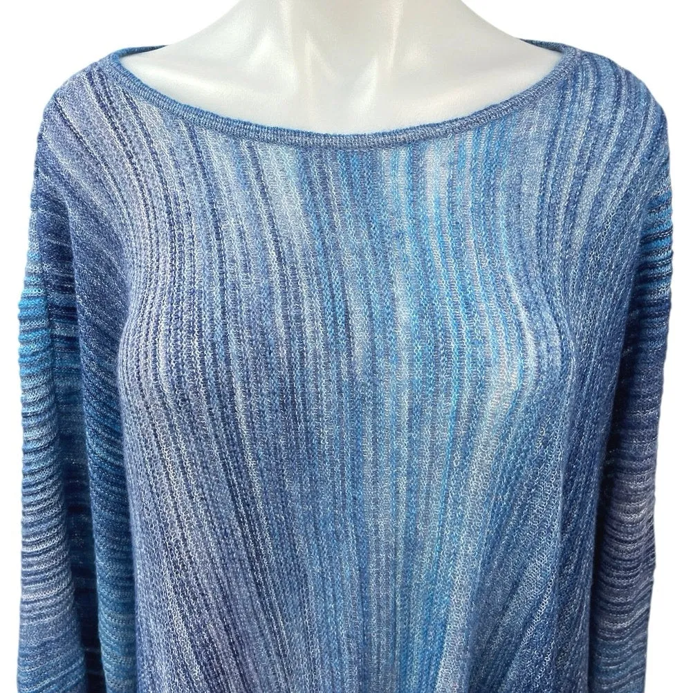 Chico's Blue Stripe Knit Drapey Flowy Asymmetric Boho Poncho Sweater Top L/XL