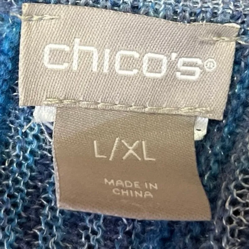 Chico's Blue Stripe Knit Drapey Flowy Asymmetric Boho Poncho Sweater Top L/XL