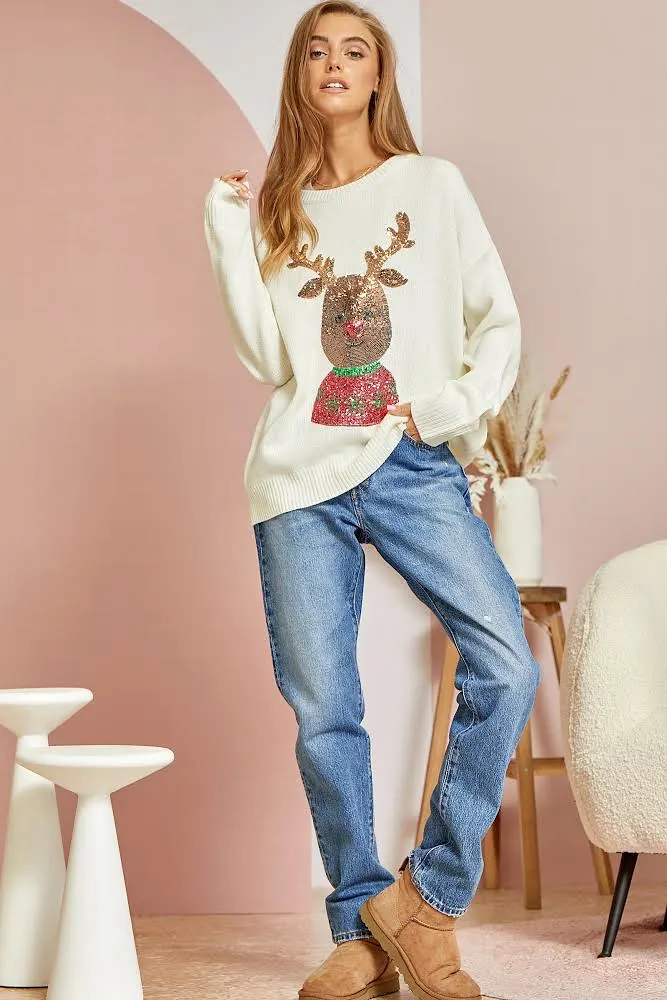 Christmas Rudolph Sequin Sweater - Ivory