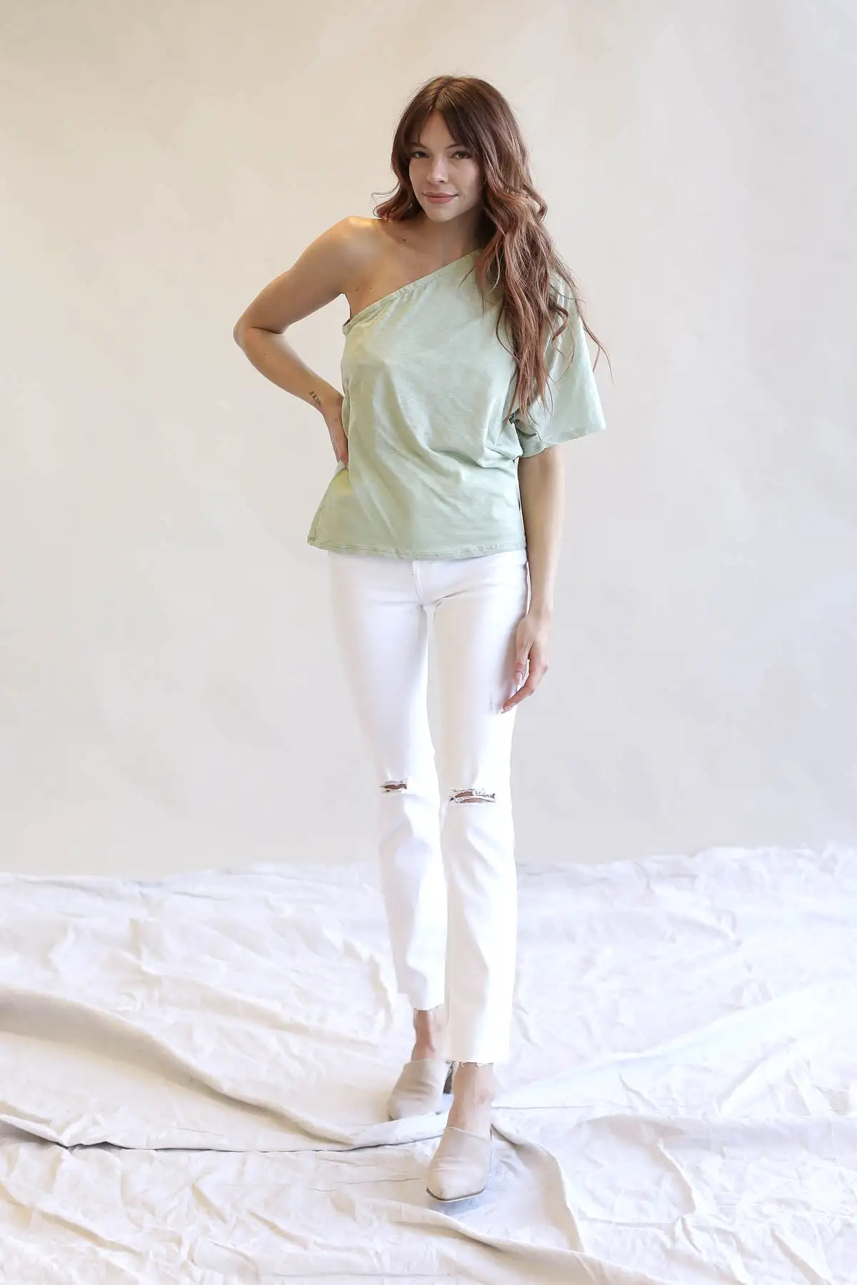 Cotton Slub Jersey Knit One Shoulder Top