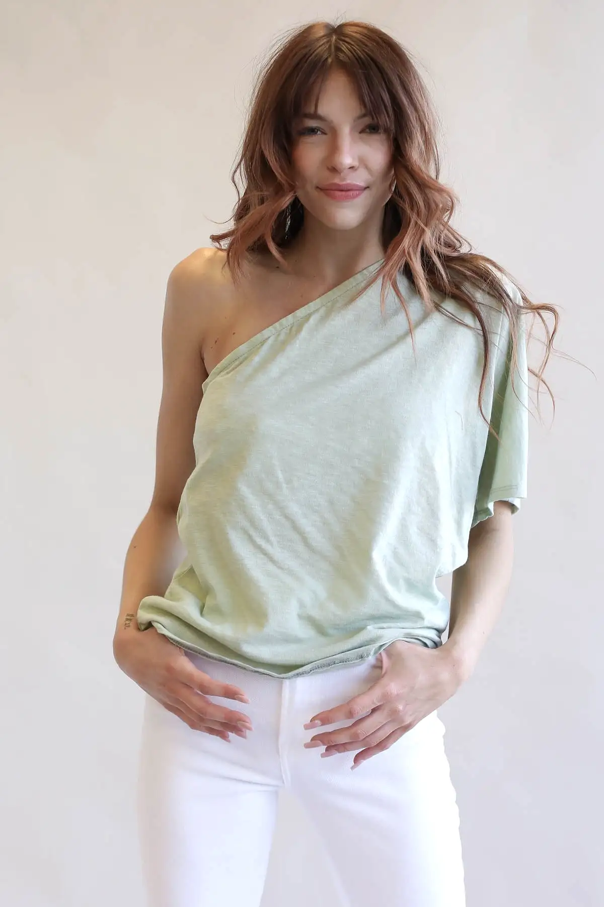 Cotton Slub Jersey Knit One Shoulder Top