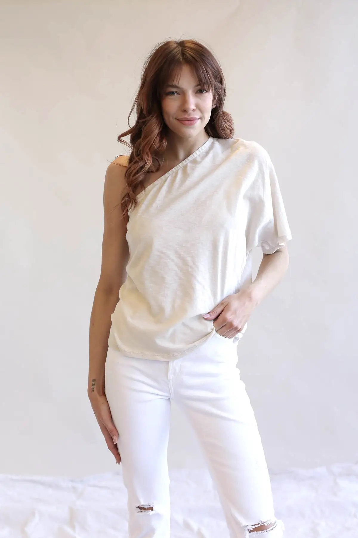 Cotton Slub Jersey Knit One Shoulder Top