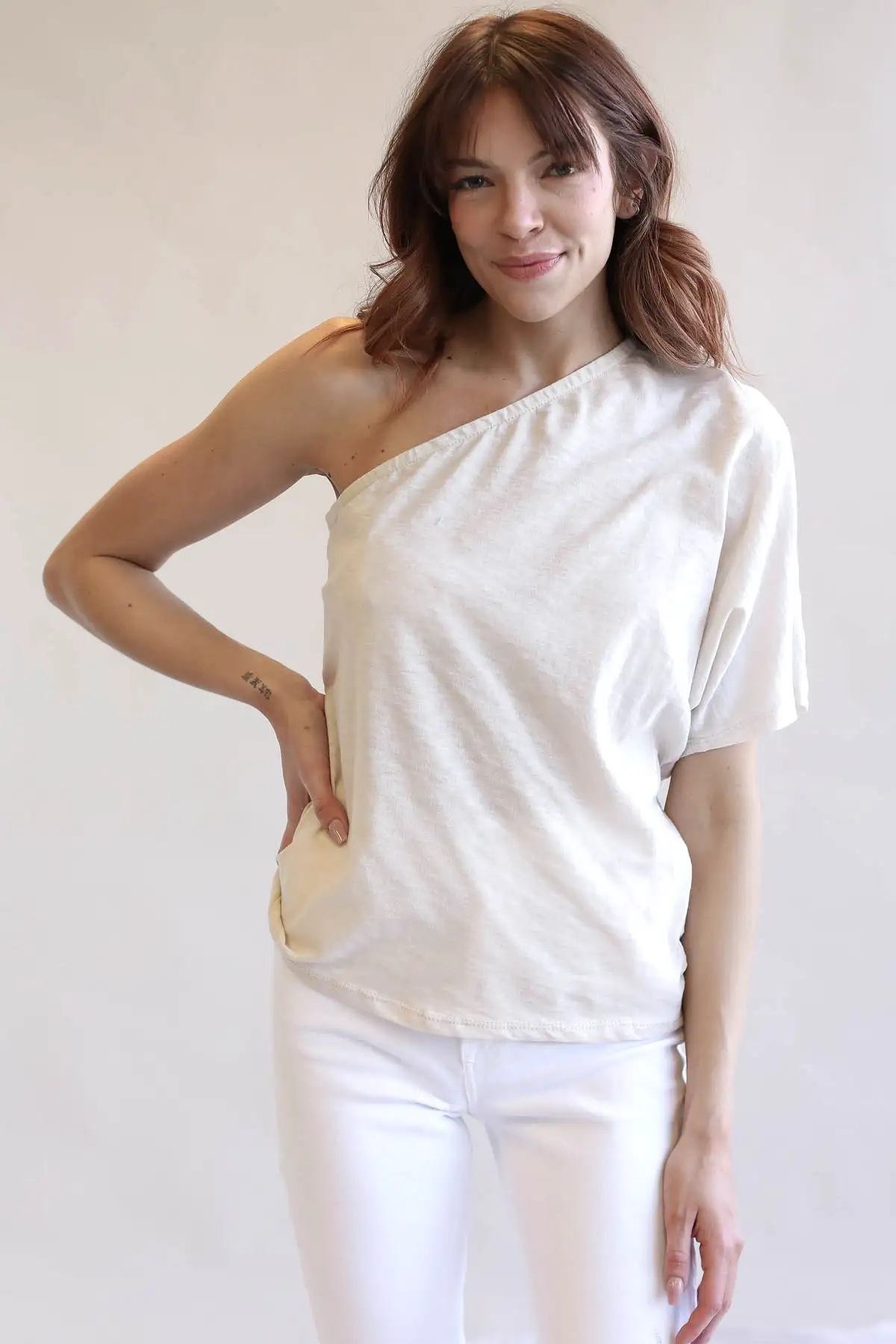 Cotton Slub Jersey Knit One Shoulder Top