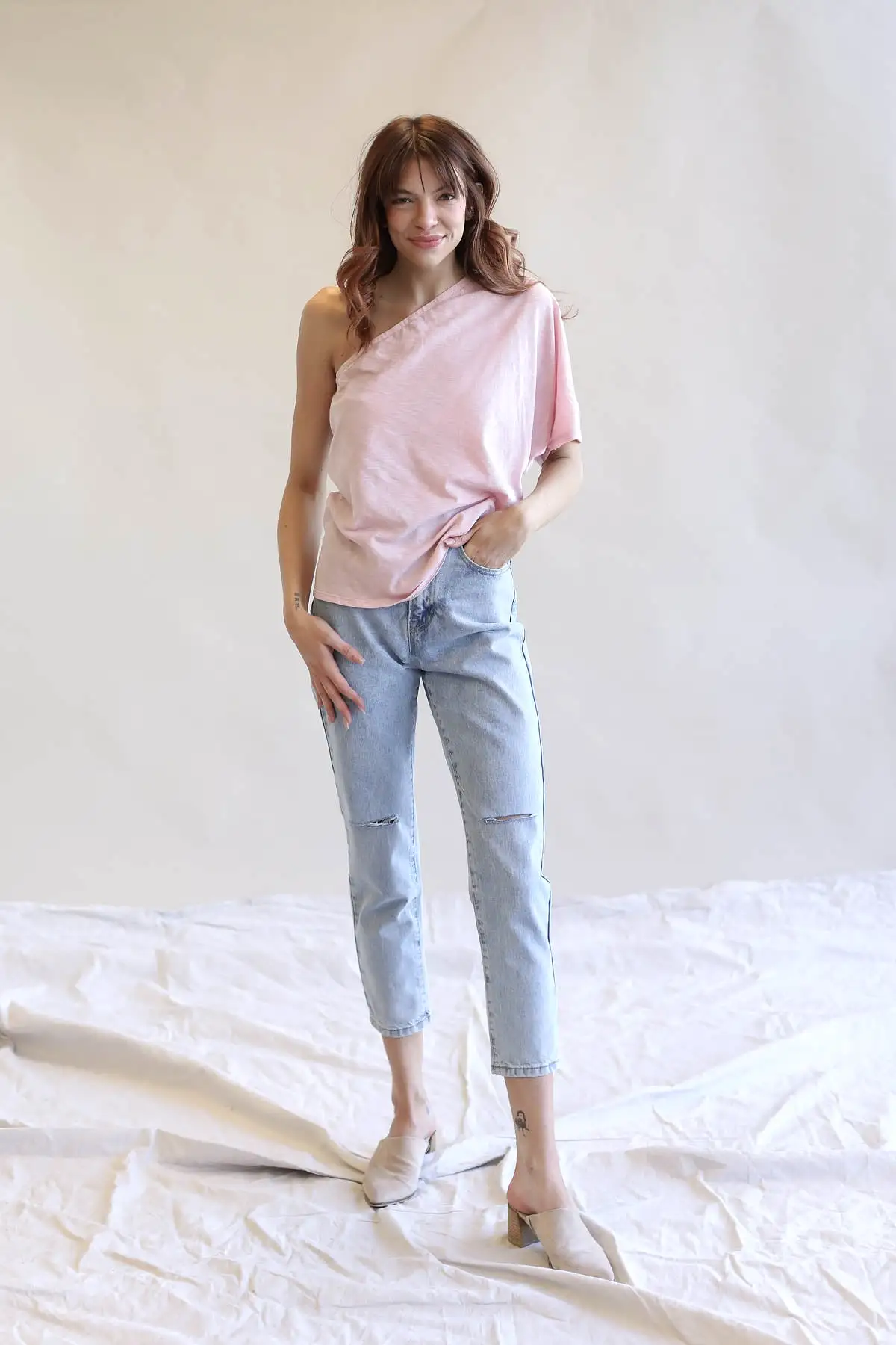 Cotton Slub Jersey Knit One Shoulder Top