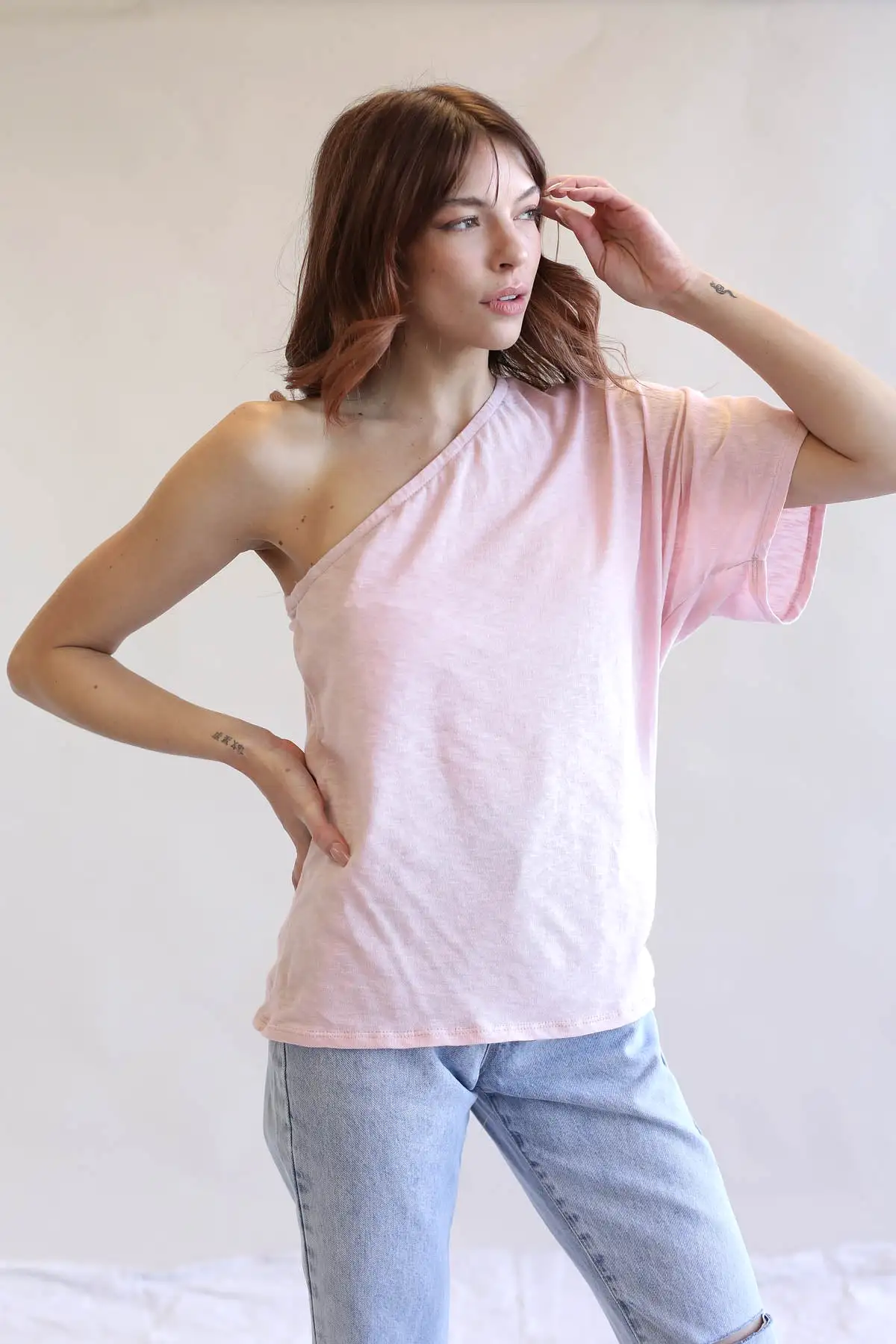 Cotton Slub Jersey Knit One Shoulder Top