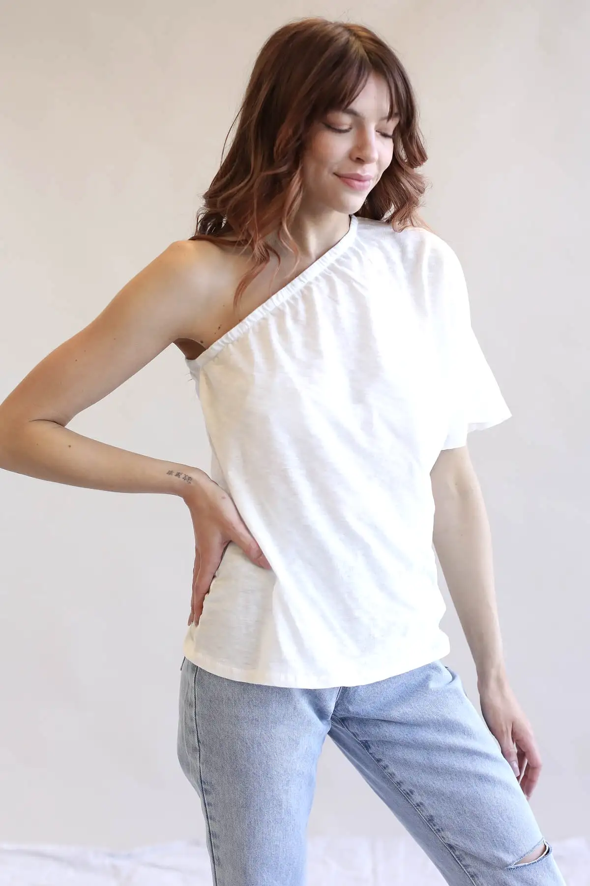 Cotton Slub Jersey Knit One Shoulder Top