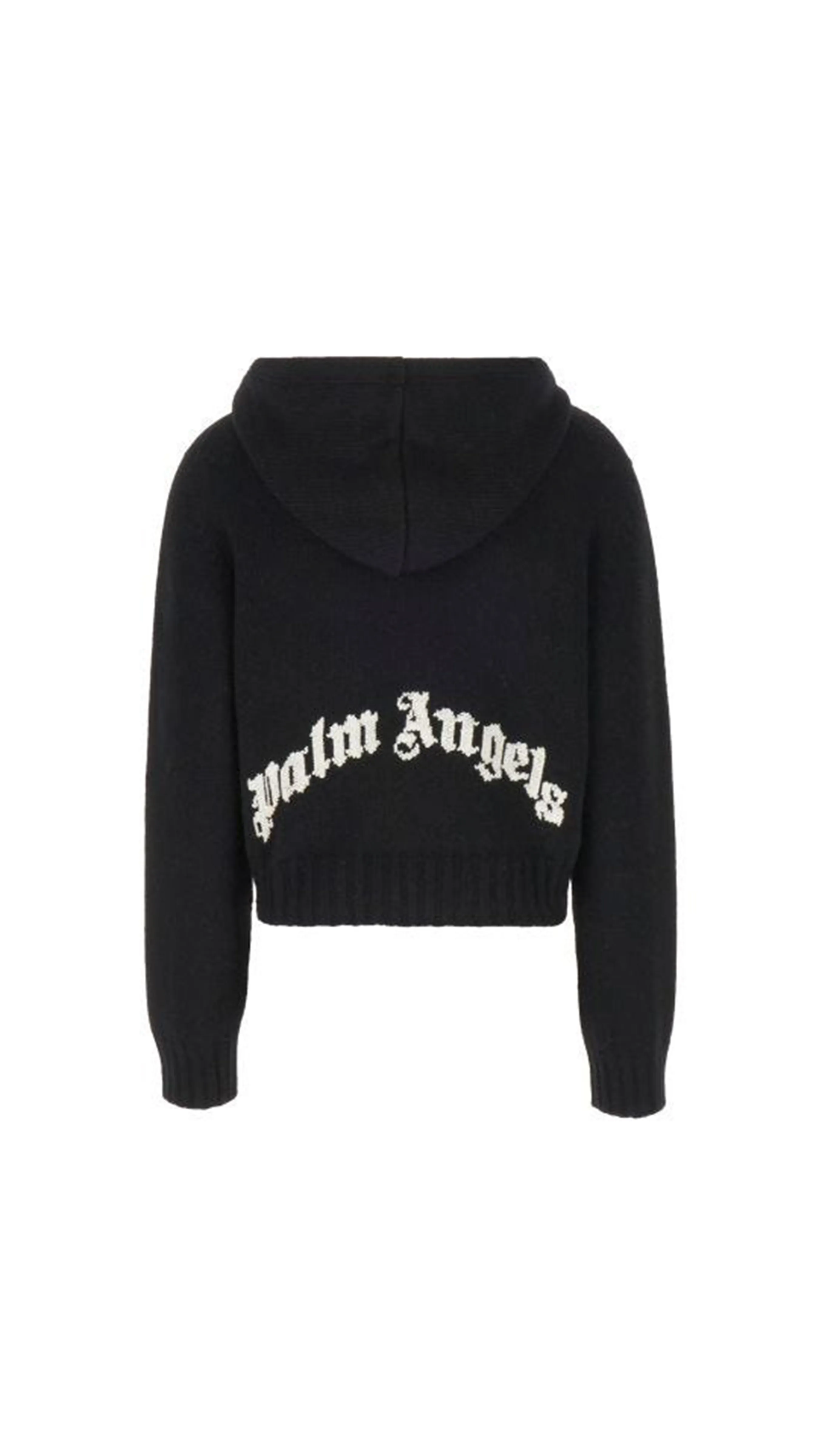 Curved Logo Knit Hoodie - Black