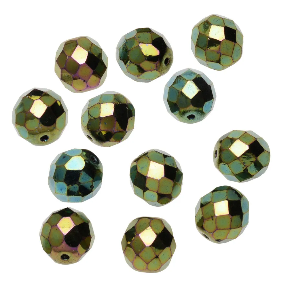 Czech Fire Polished Glass Beads, Round 12mm, Green Iris Full-Coat (1 Strand)