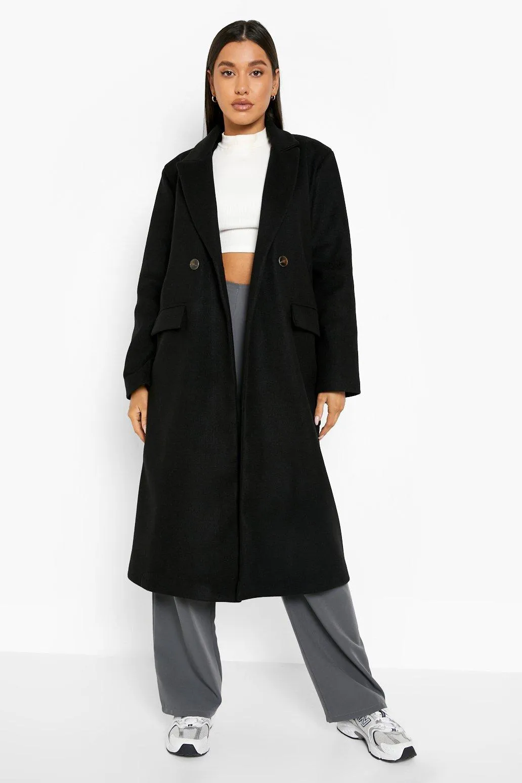 D Ring Belt Detail Wool Look Coat