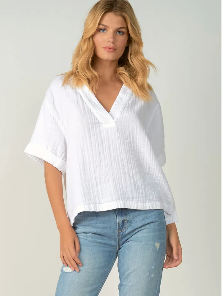 Elan Short Sleeve White Cotton Gauze V-neck Top