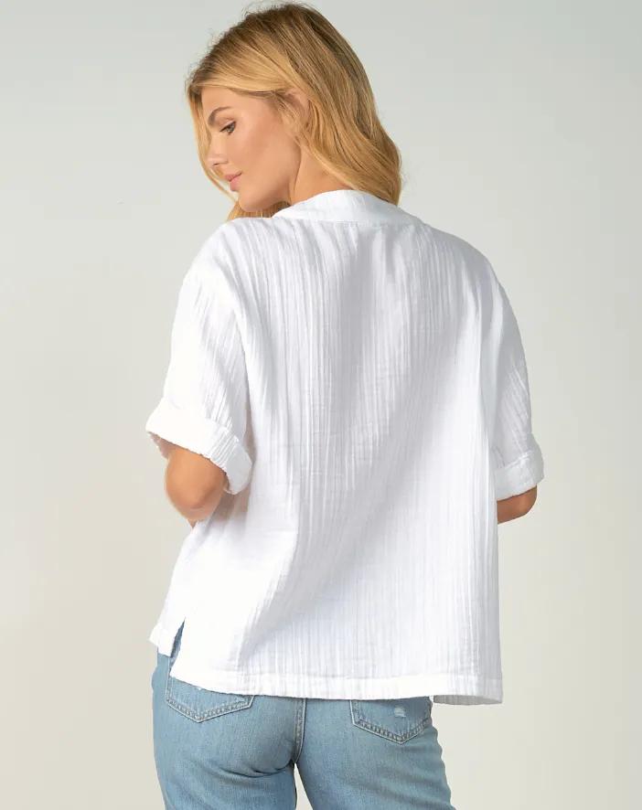 Elan Short Sleeve White Cotton Gauze V-neck Top