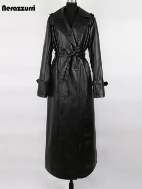 Extra Long Black PU Leather Trench Coat Waterproof