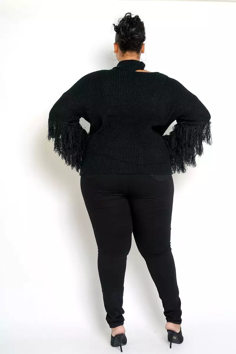 Fancy And Free Black Fringe Sleeve Sweater - PLUS