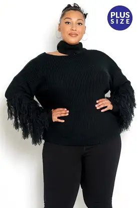 Fancy And Free Black Fringe Sleeve Sweater - PLUS