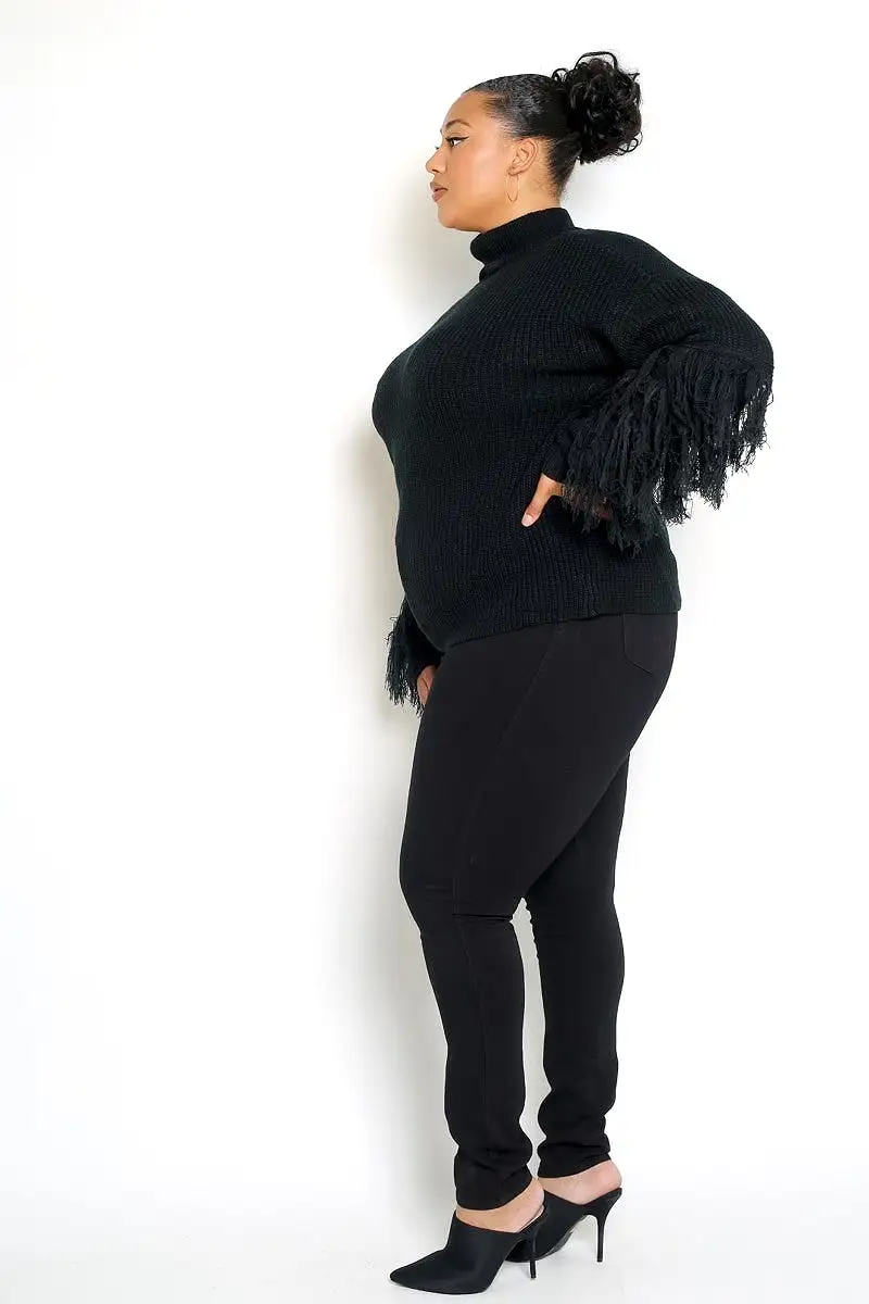 Fancy And Free Black Fringe Sleeve Sweater - PLUS