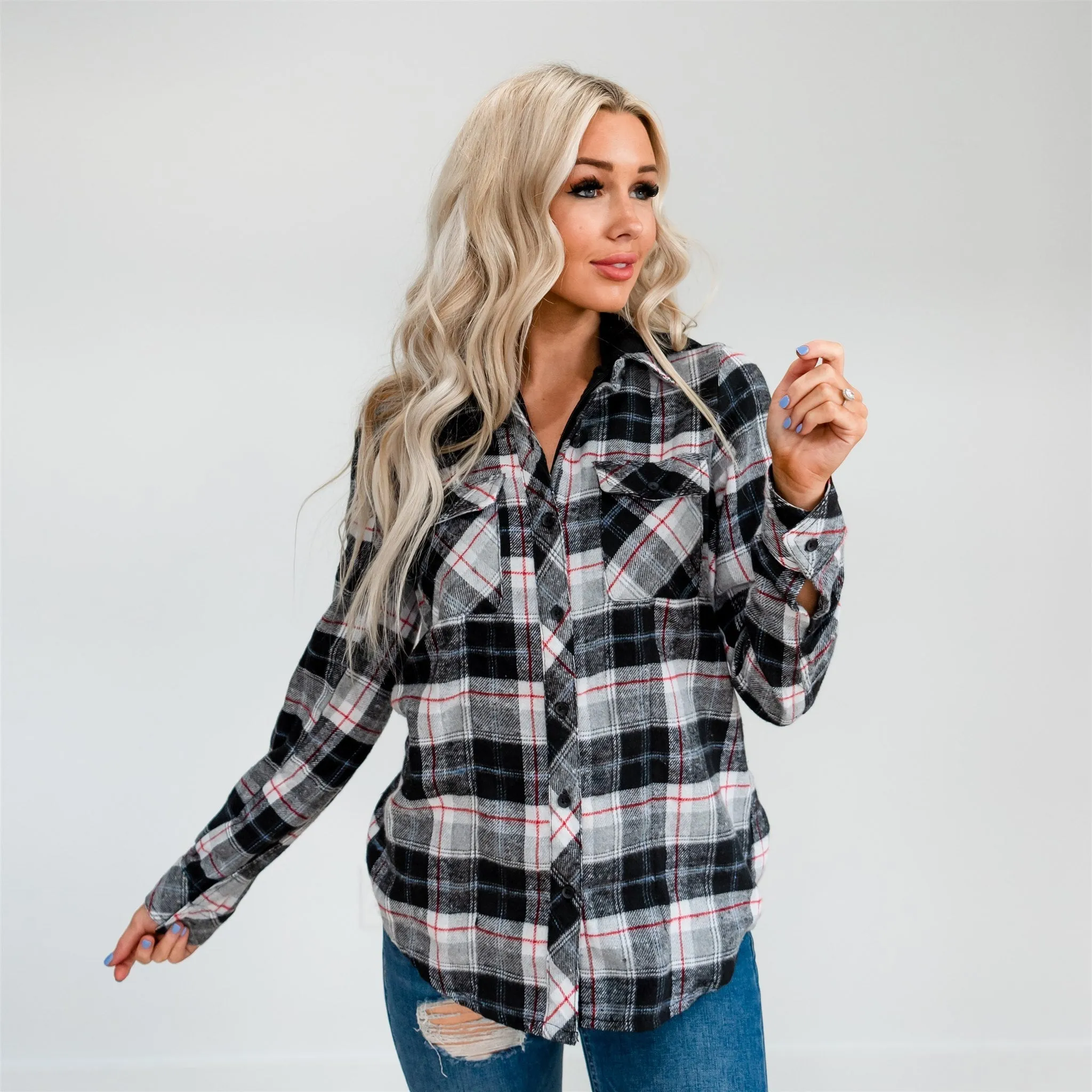 Flannel Hoodie: Ivory/Red Plaid