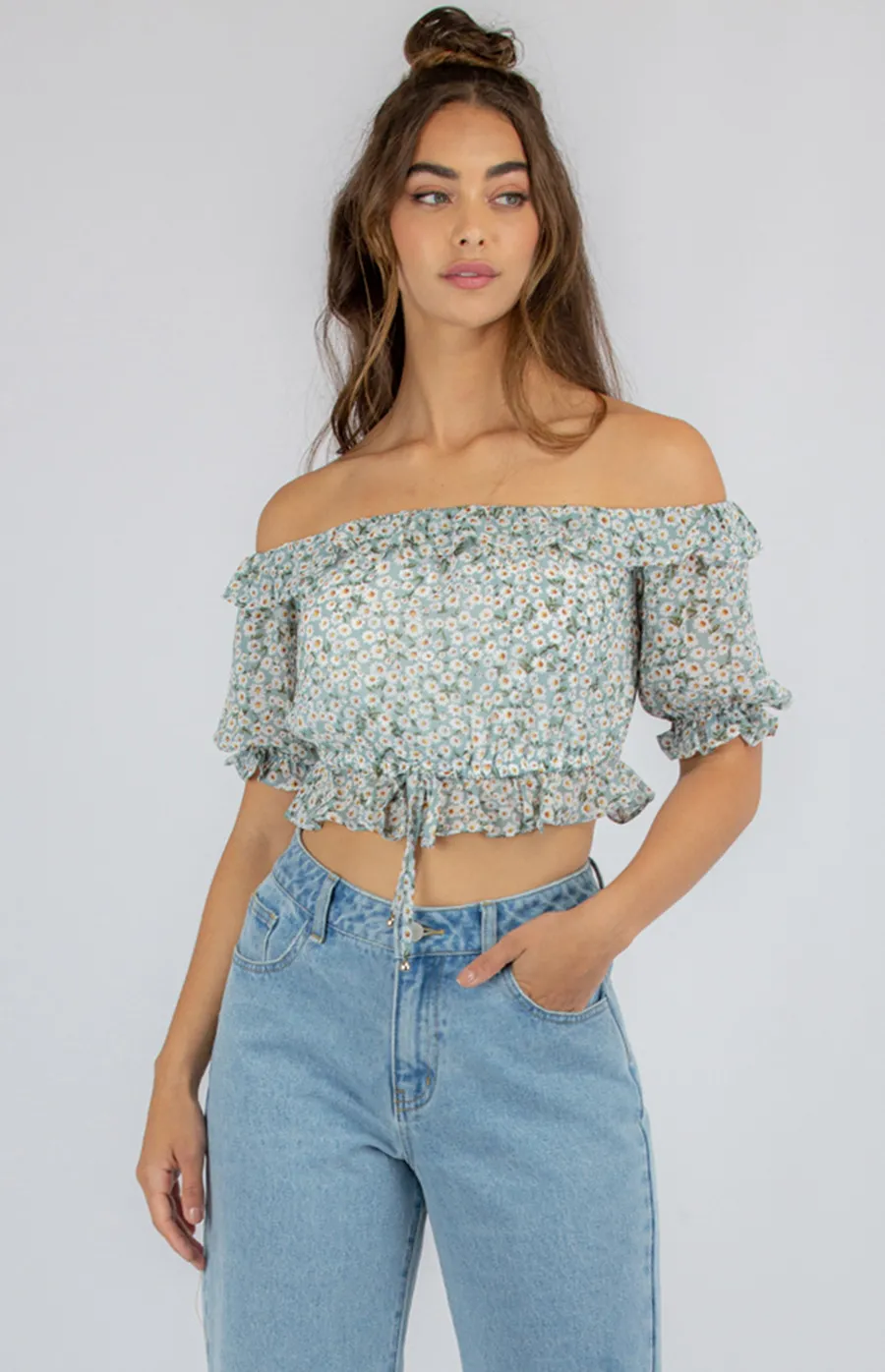 Floral Off the Shoulder Top with Drawstring Waist (STO497A)