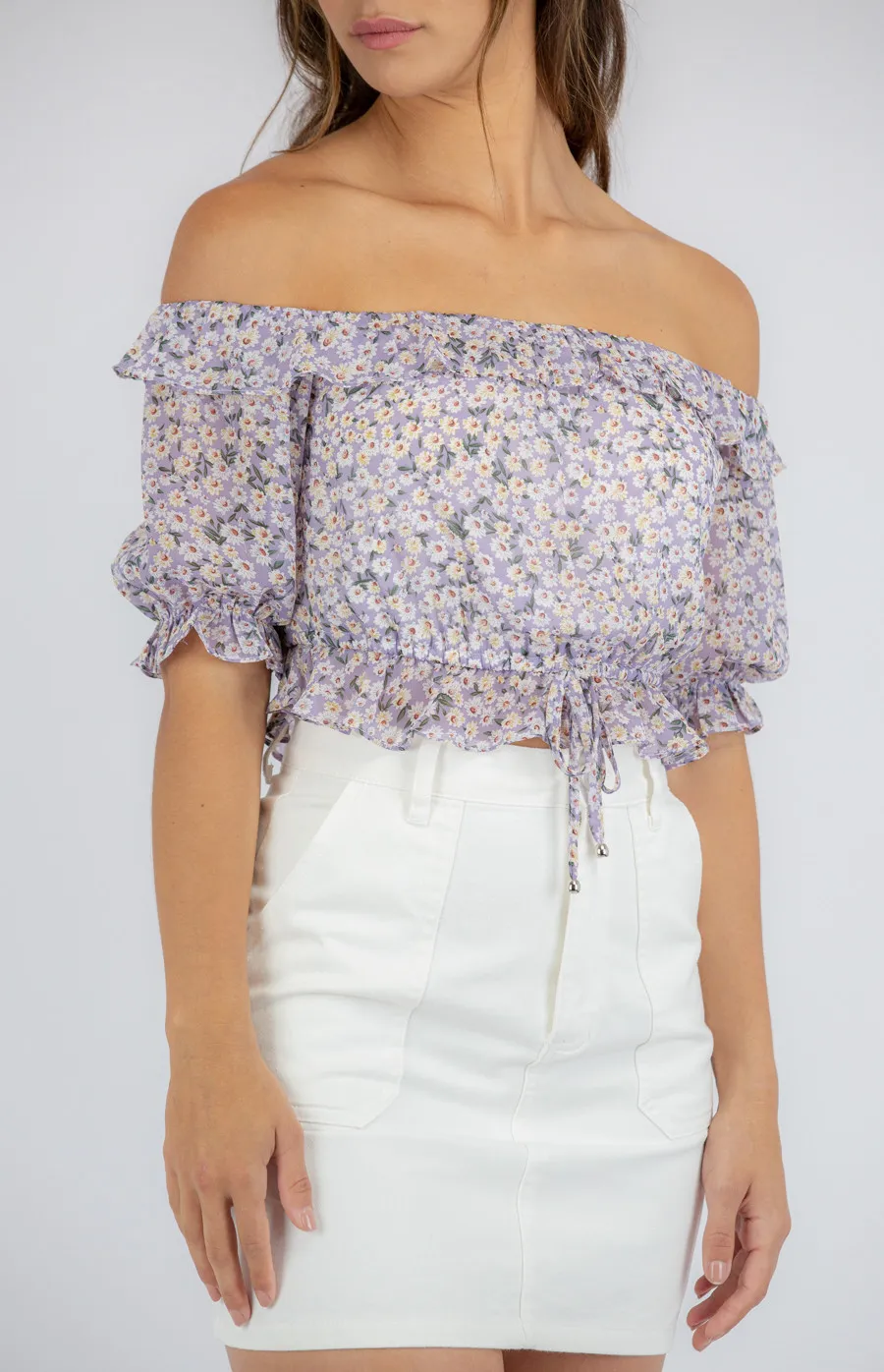 Floral Off the Shoulder Top with Drawstring Waist (STO497A)