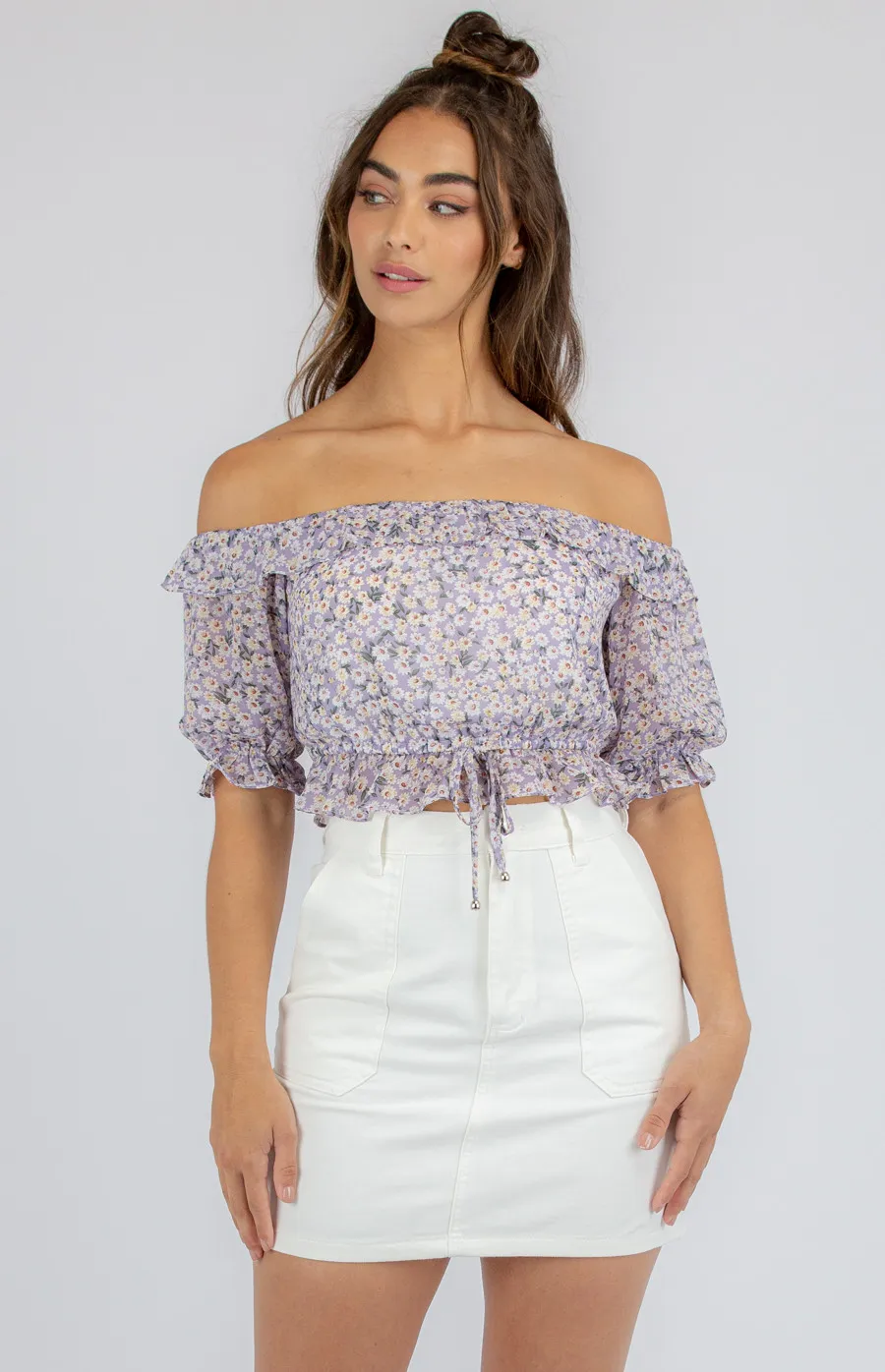 Floral Off the Shoulder Top with Drawstring Waist (STO497A)