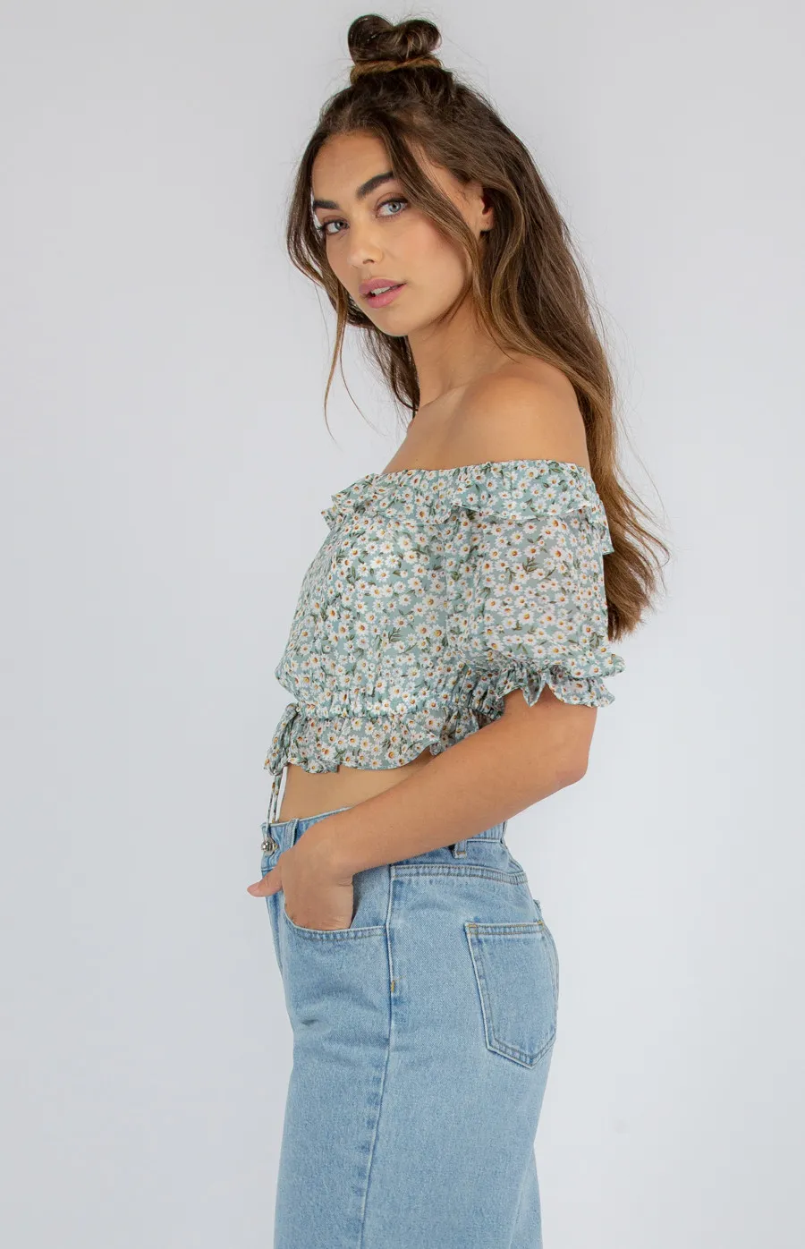 Floral Off the Shoulder Top with Drawstring Waist (STO497A)