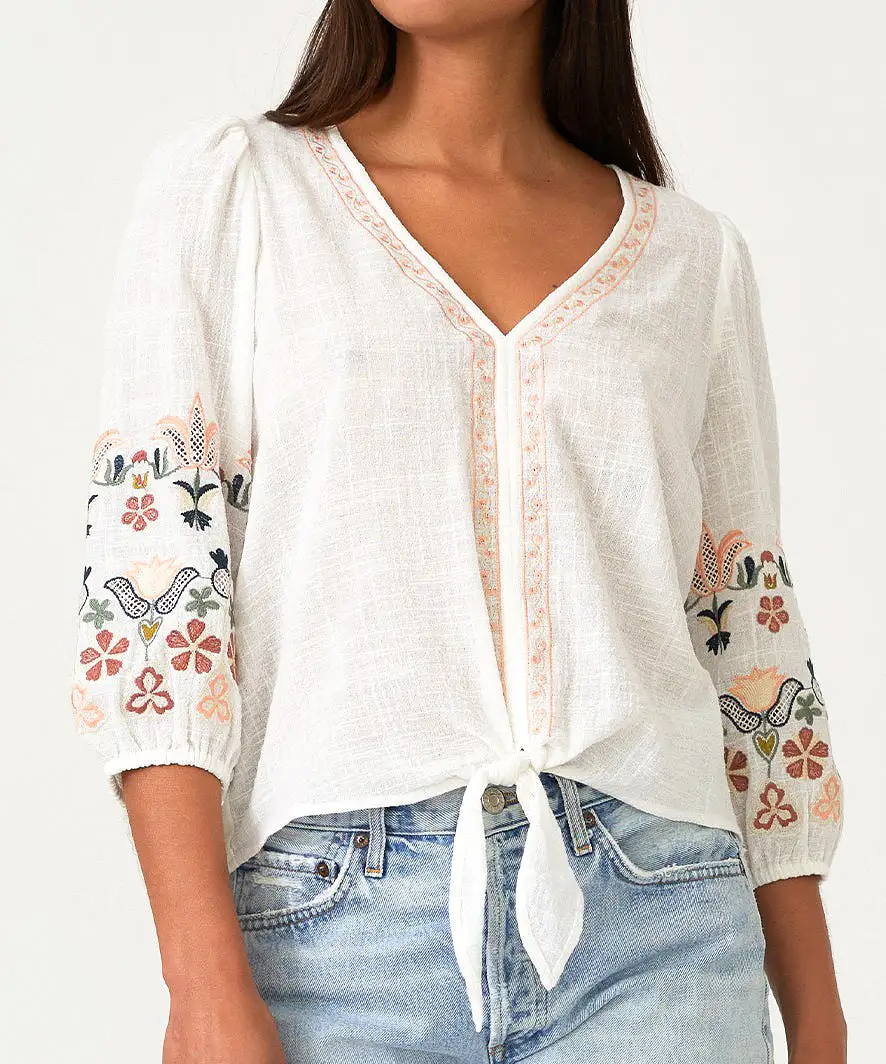 Floral Tie Front Top - Natural/Coral