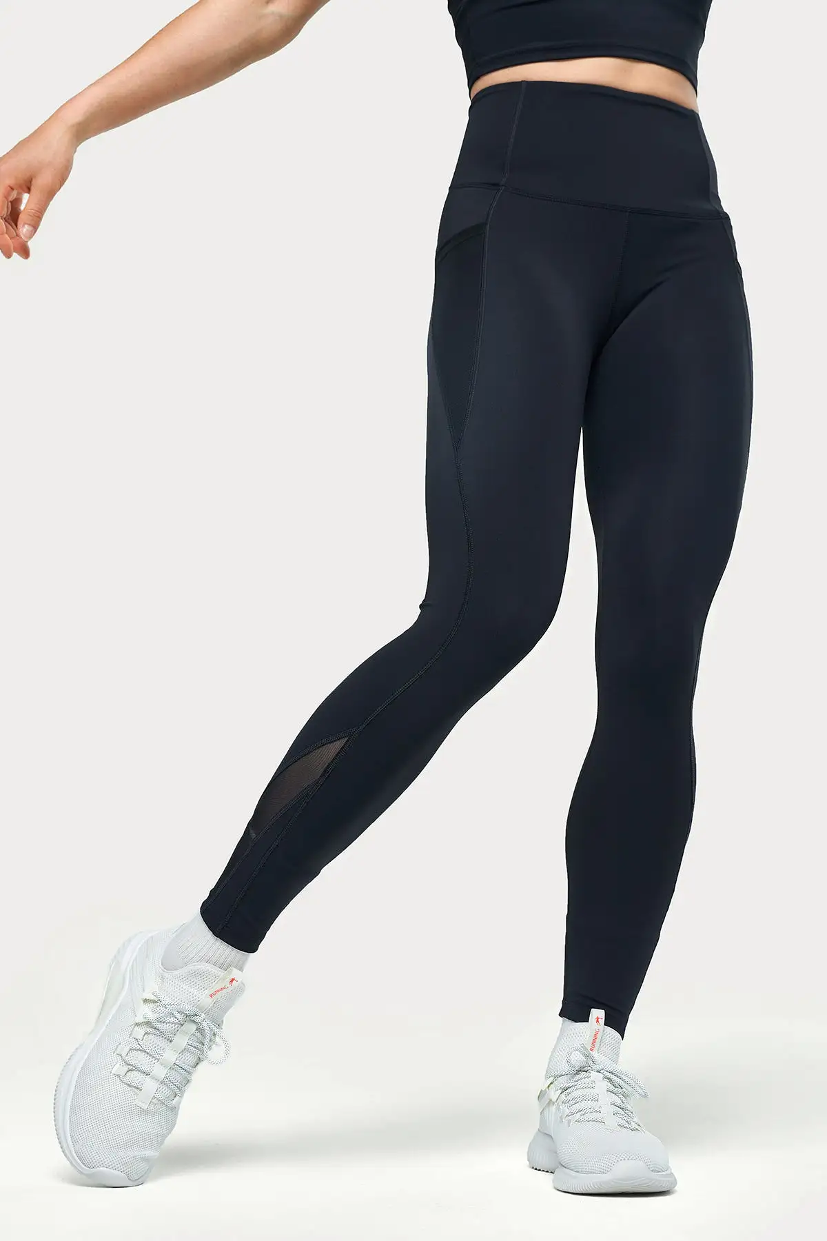 High Waist Mesh Panel Pocket and Ankle Detail Full Length Legging