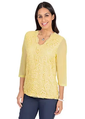 Lace Front Three-Quarter Sleeve V-Neck Top by Witt | Grattan