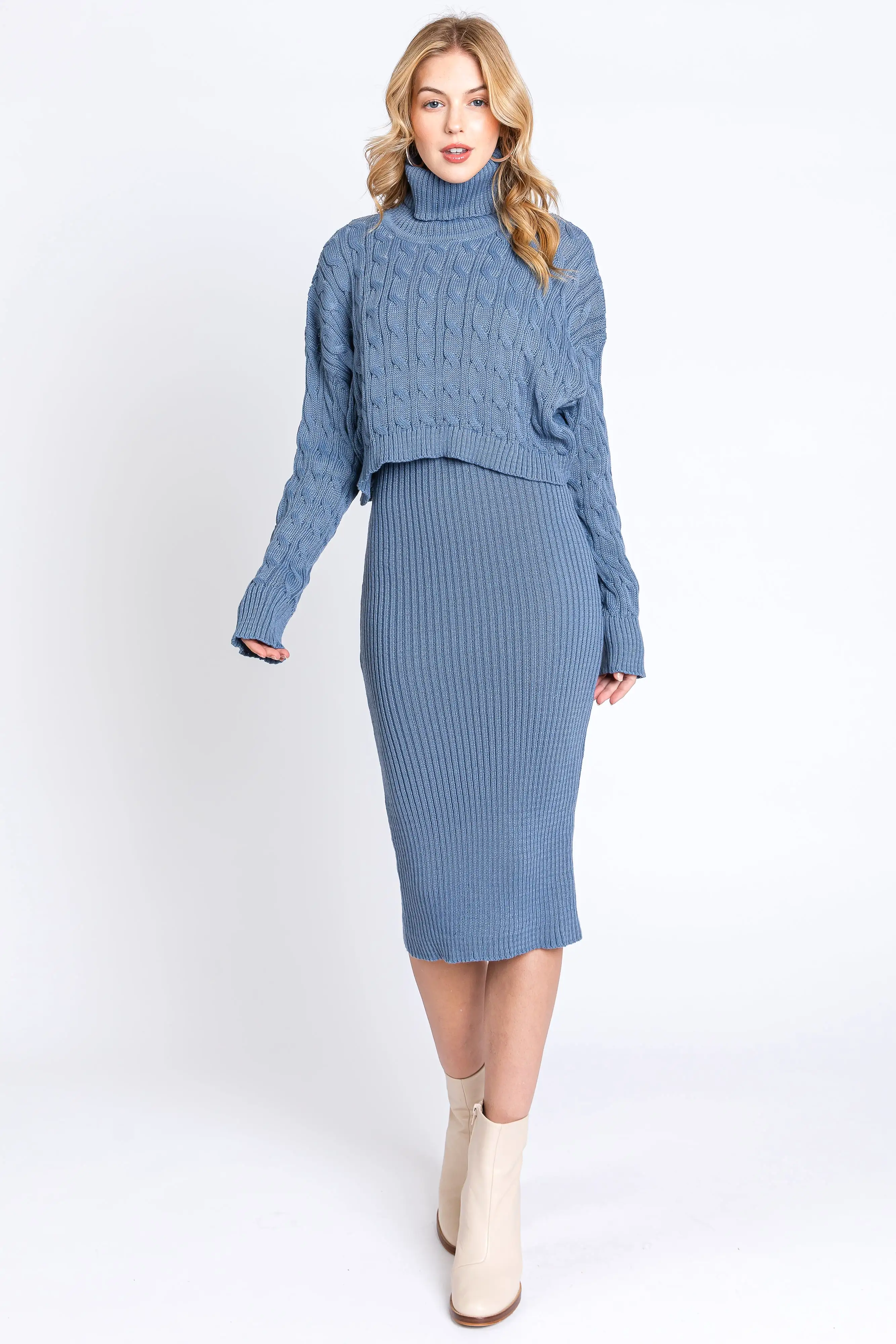 Light Blue Cable Knit Crop Sweater Maternity Dress Set