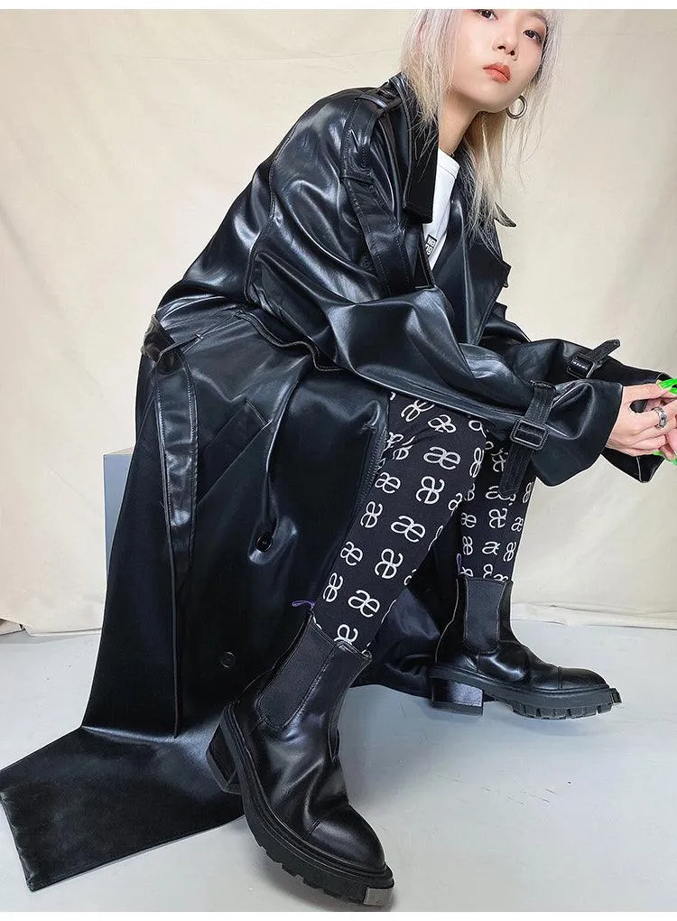 Long Oversized Reflective Shiny Waterproof Patent Leather Trench Coat