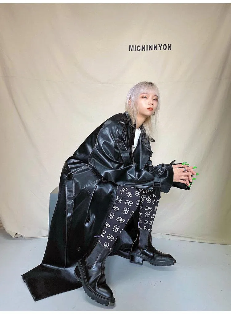 Long Oversized Reflective Shiny Waterproof Patent Leather Trench Coat