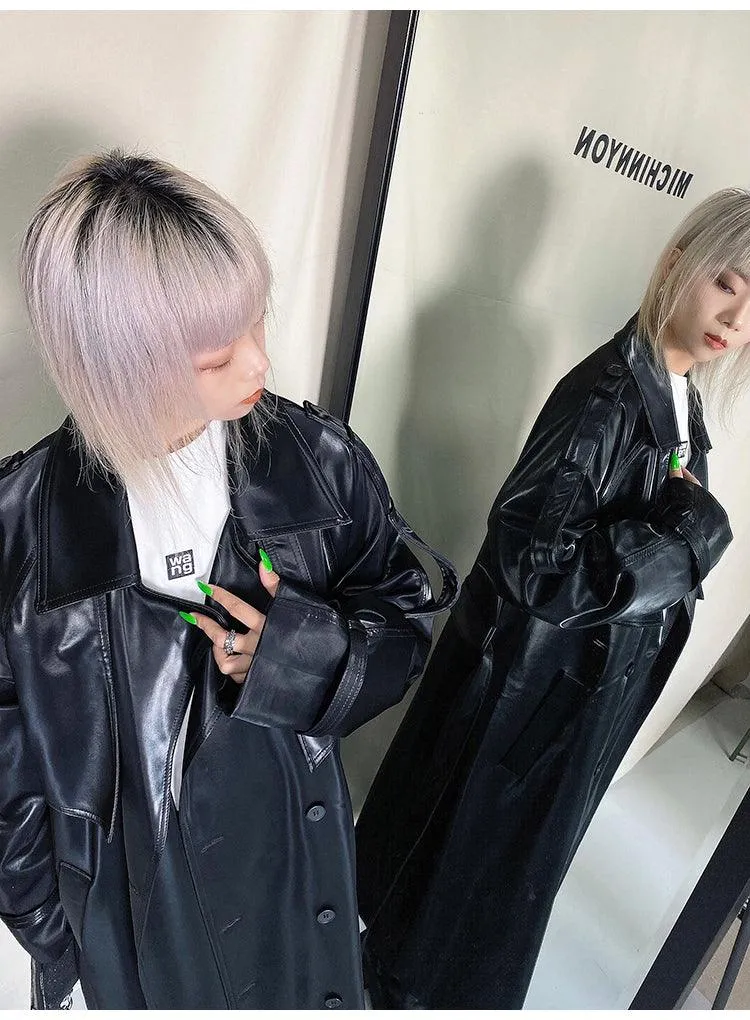 Long Oversized Reflective Shiny Waterproof Patent Leather Trench Coat