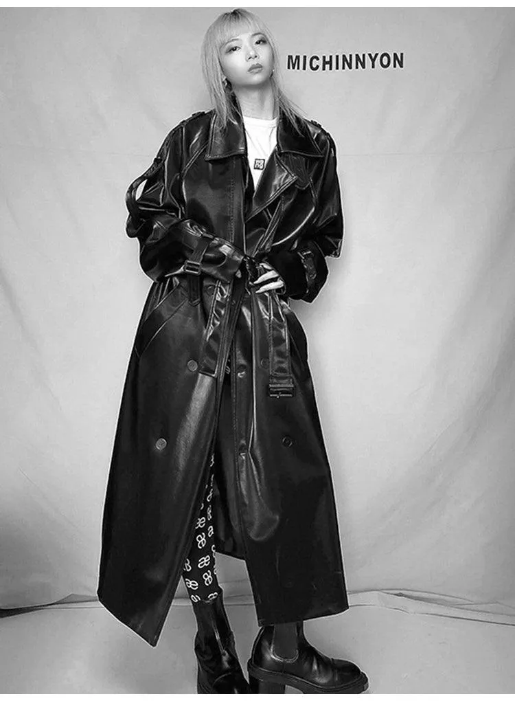 Long Oversized Reflective Shiny Waterproof Patent Leather Trench Coat