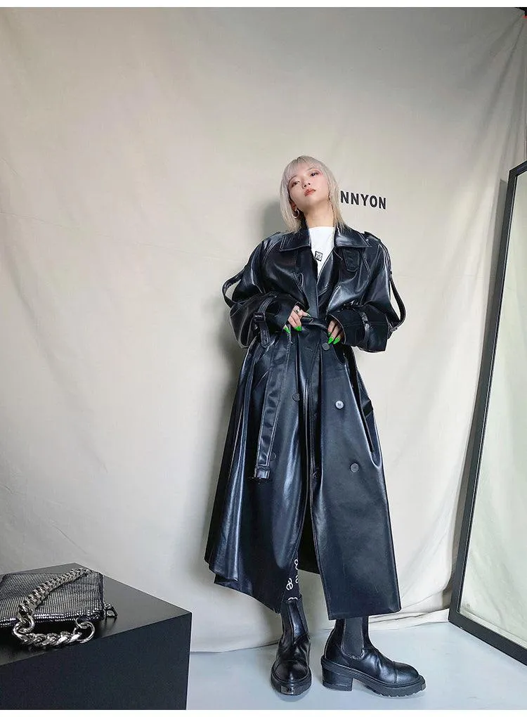 Long Oversized Reflective Shiny Waterproof Patent Leather Trench Coat