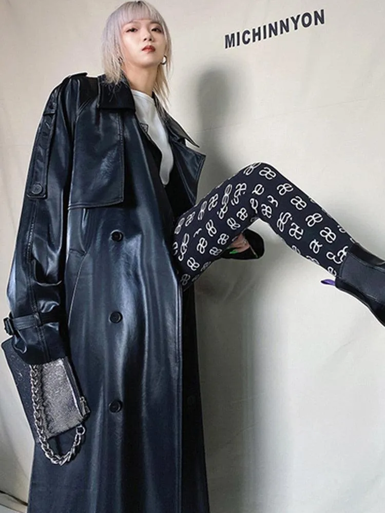 Long Oversized Reflective Shiny Waterproof Patent Leather Trench Coat