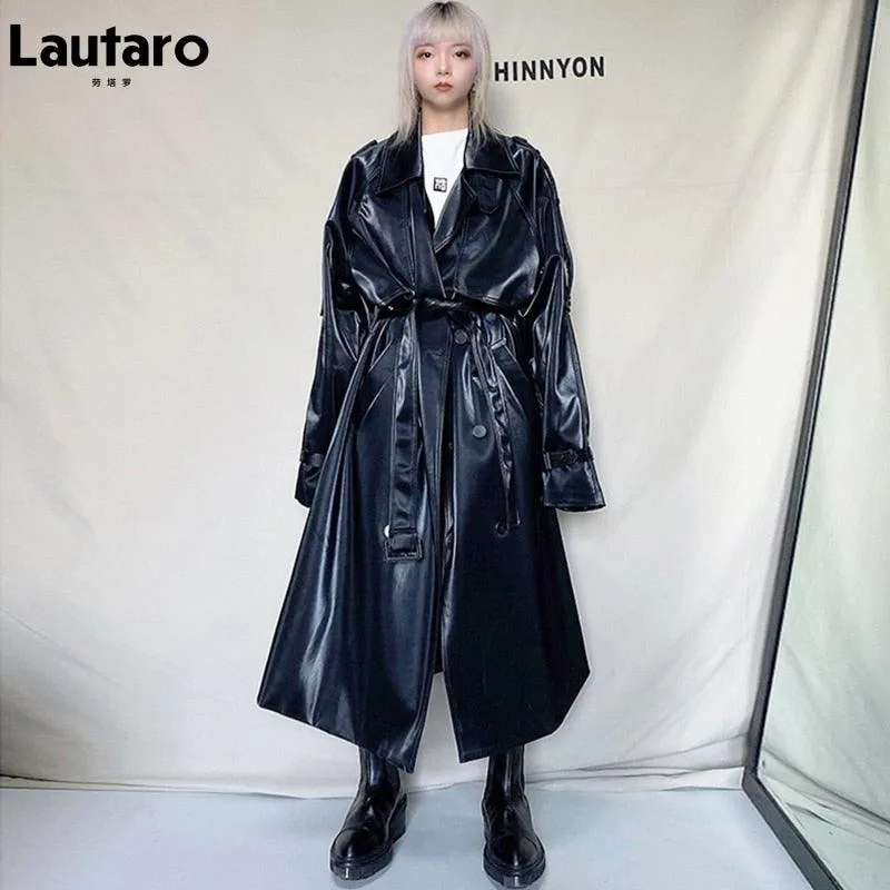 Long Oversized Reflective Shiny Waterproof Patent Leather Trench Coat