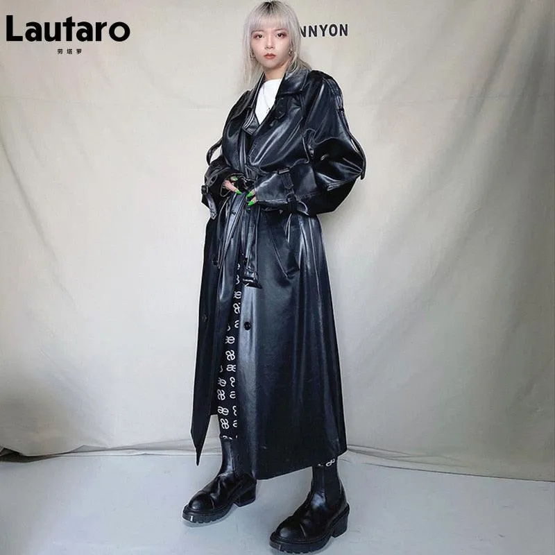 Long Oversized Reflective Shiny Waterproof Patent Leather Trench Coat