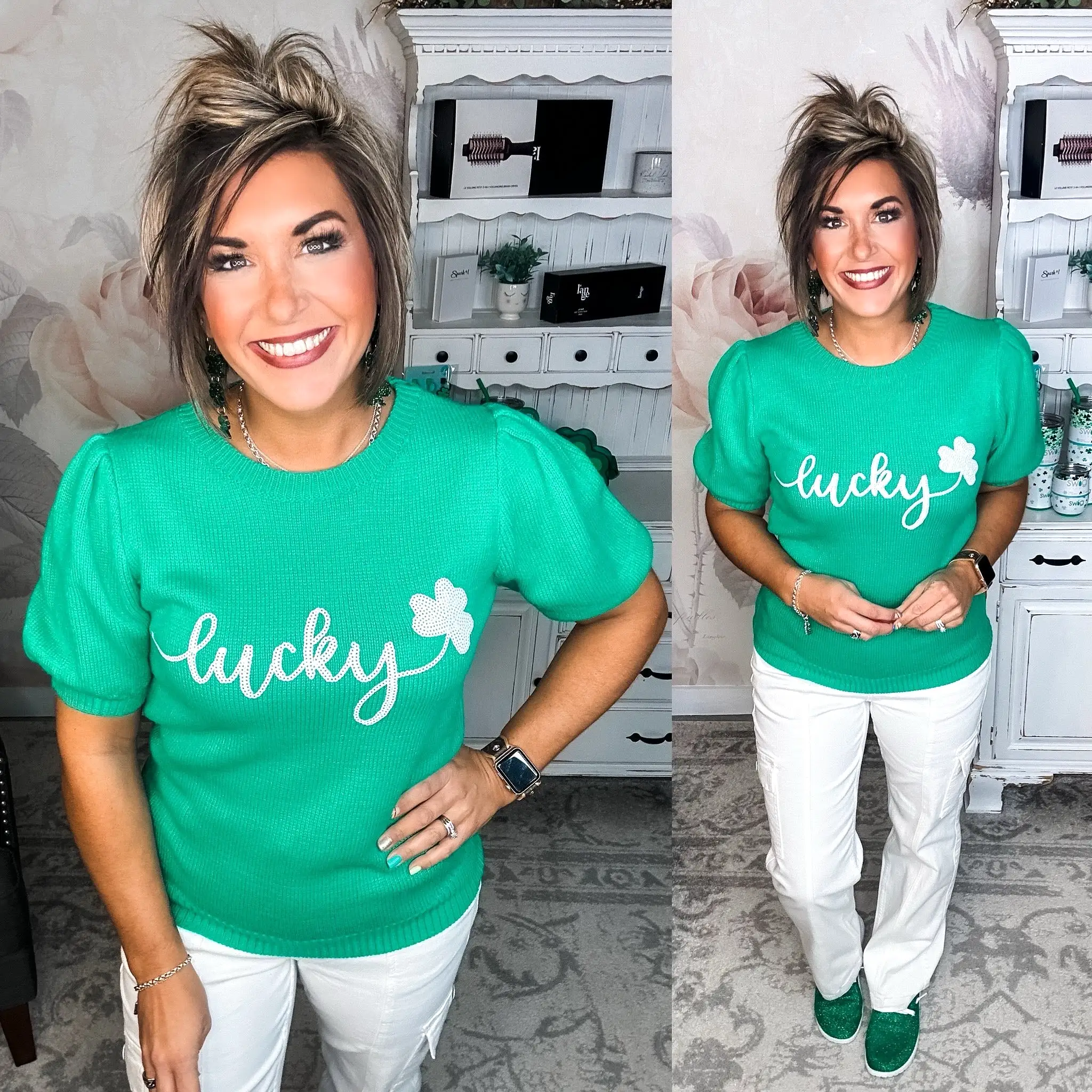 Lucky Shamrock Puff Sleeve Sweater