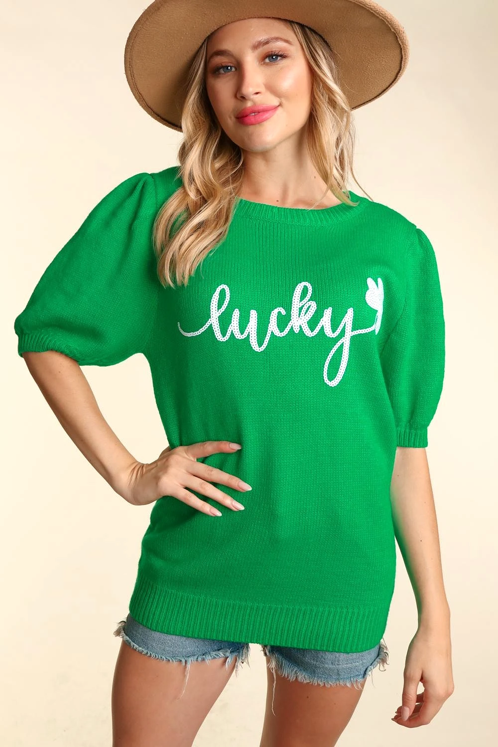 Lucky Shamrock Puff Sleeve Sweater