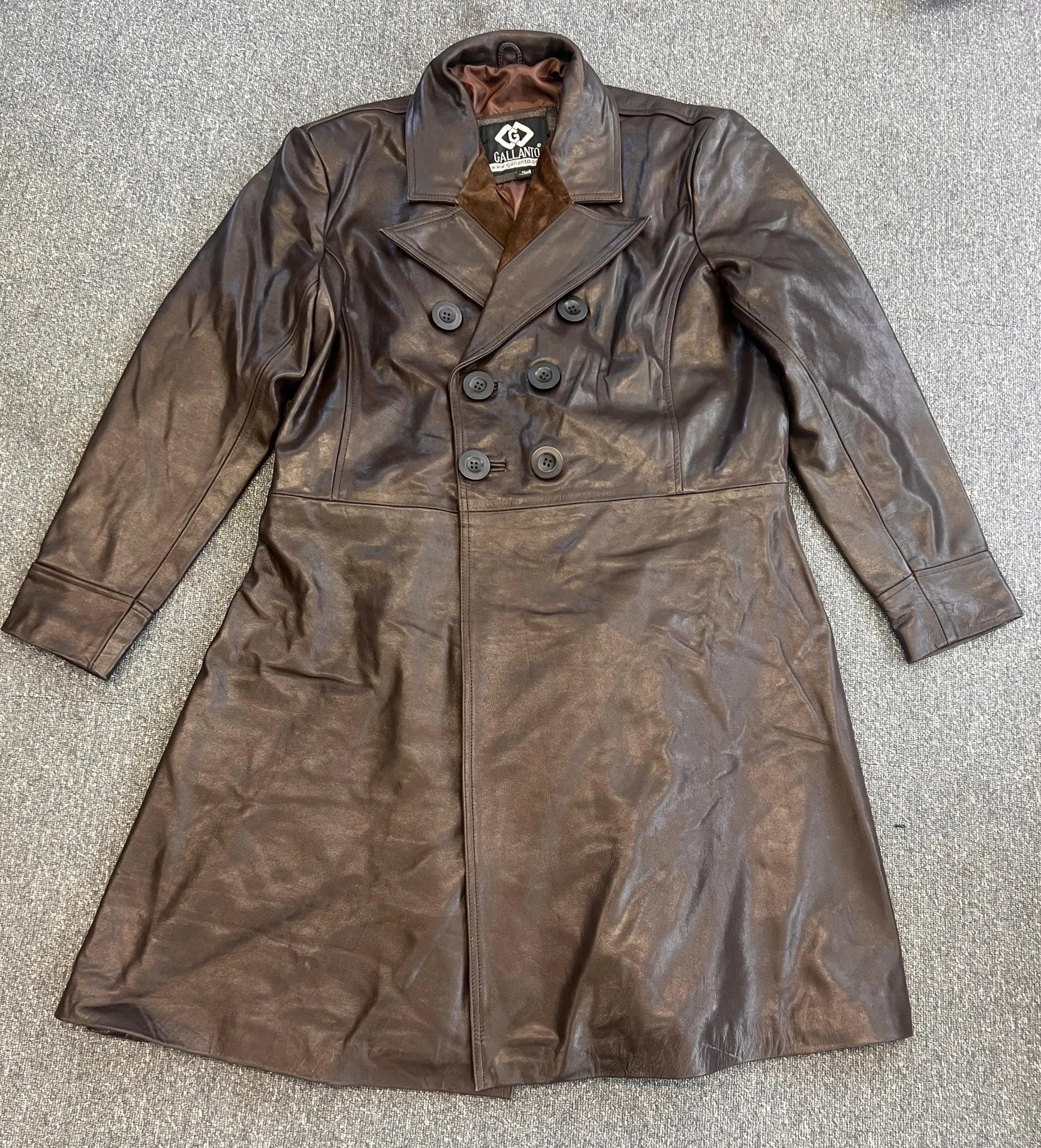 Mens Unisex Brown Leather Double breasted Long Coat Frock Medium